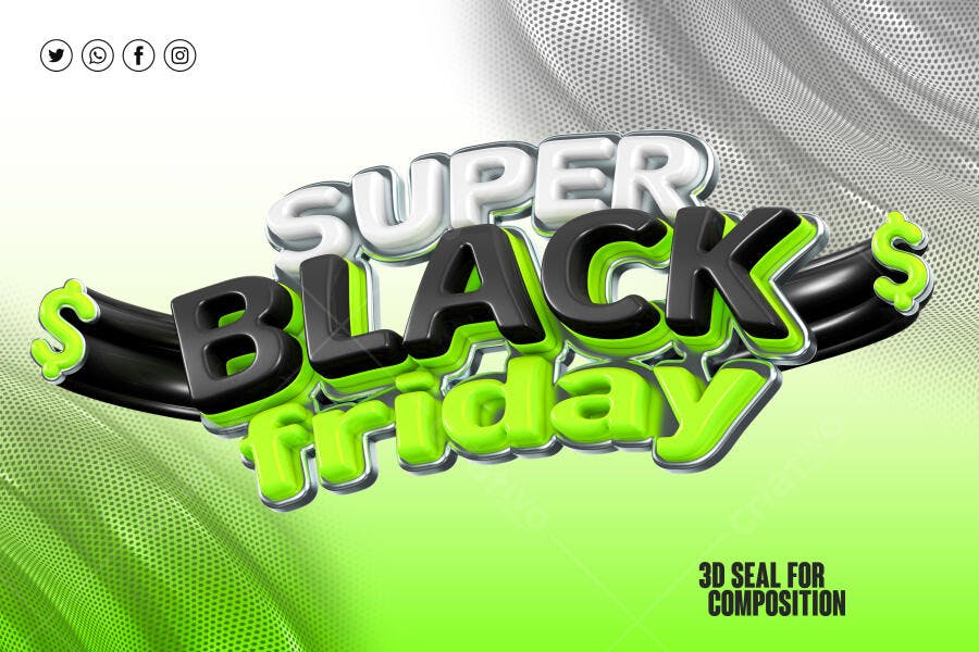 Selo 3D promocional Black Friday brilhante preto e neon verde
