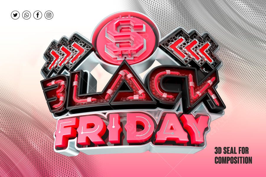 Selo 3D promocional Black Friday neon vermelho preto e prata desconto