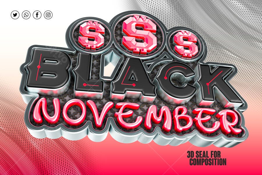 Selo 3D de promoção Black November metálico preto e rosa pink festivo