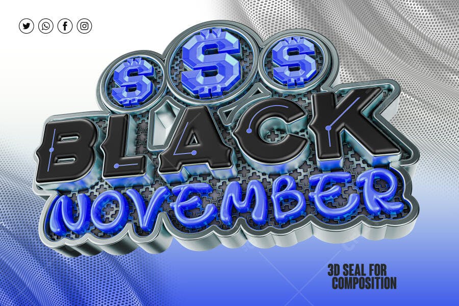 Selo 3D de promoção Black November metalizado azul, preto e prata