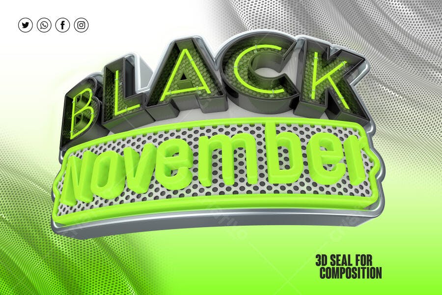 Selo 3D de promoção Black November letras neon verde e preto metálico
