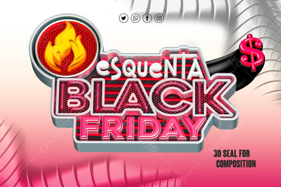 Selo 3D promocional Esquenta Black Friday metalizado brilhante vermelho preto prata