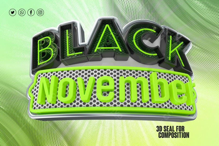 Selo 3D promocional Black November neon verde e cinza metálico