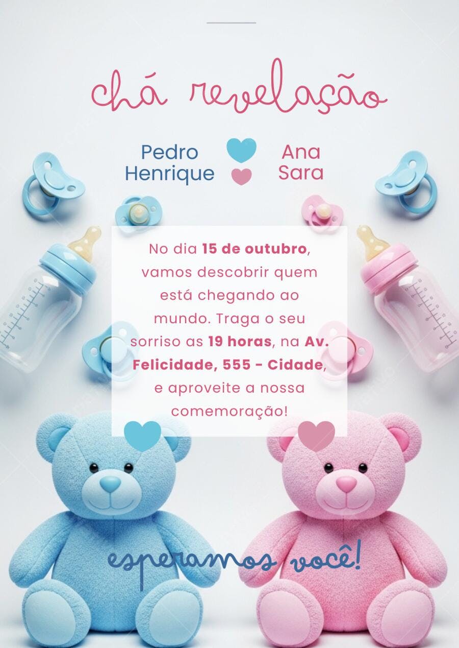 Convite Chá Revelação ursos de pelúcia azul e rosa com mamadeiras Editável no Canva