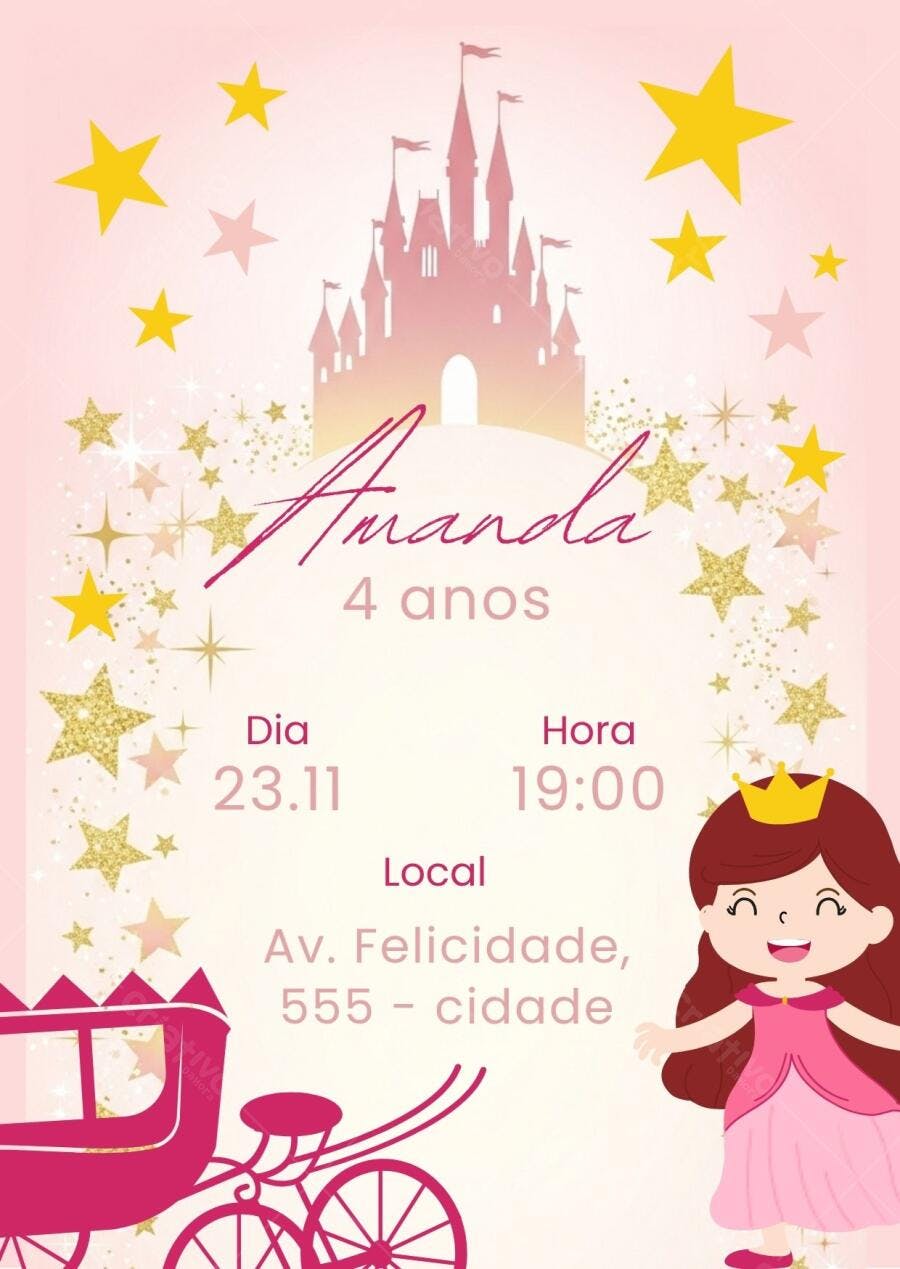 Convite de aniversário infantil princesa castelo rosa dourado Editável no Canva