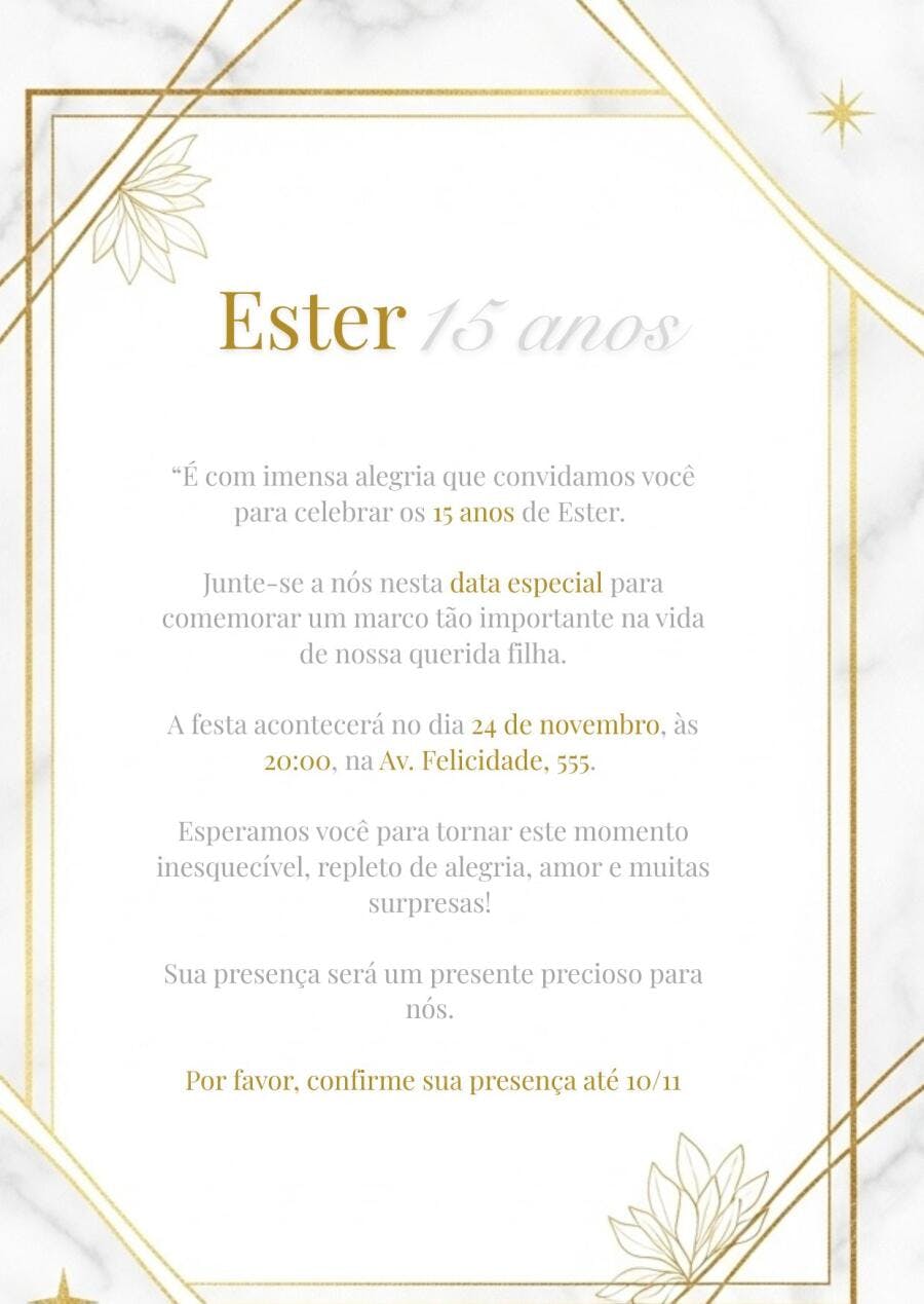 Convite 15 anos debutante dourado mármore geométrico elegante Editável no Canva