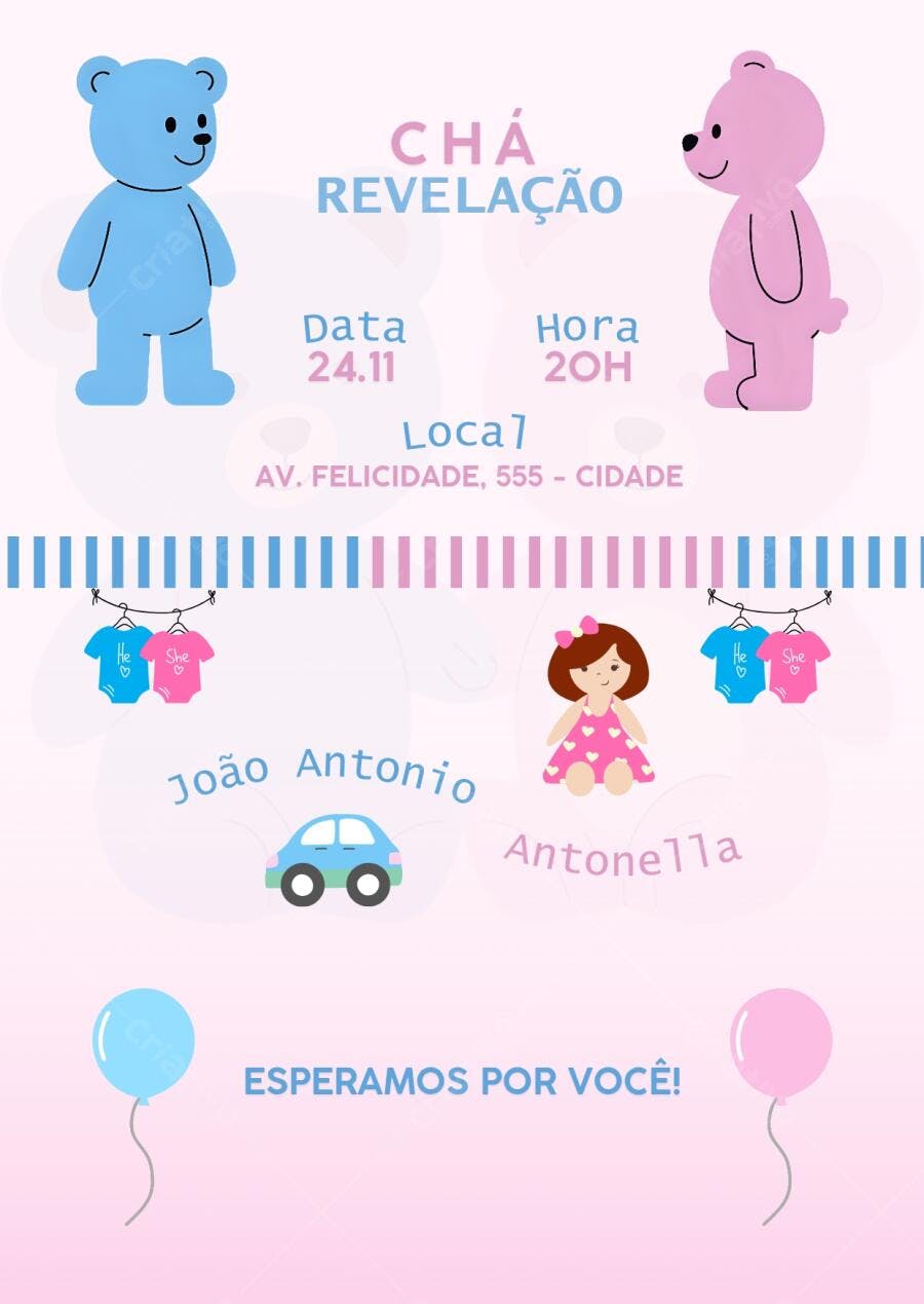 Convite Chá Revelação Ursinhos Rosa e Azul Menino ou Menina Editável no Canva