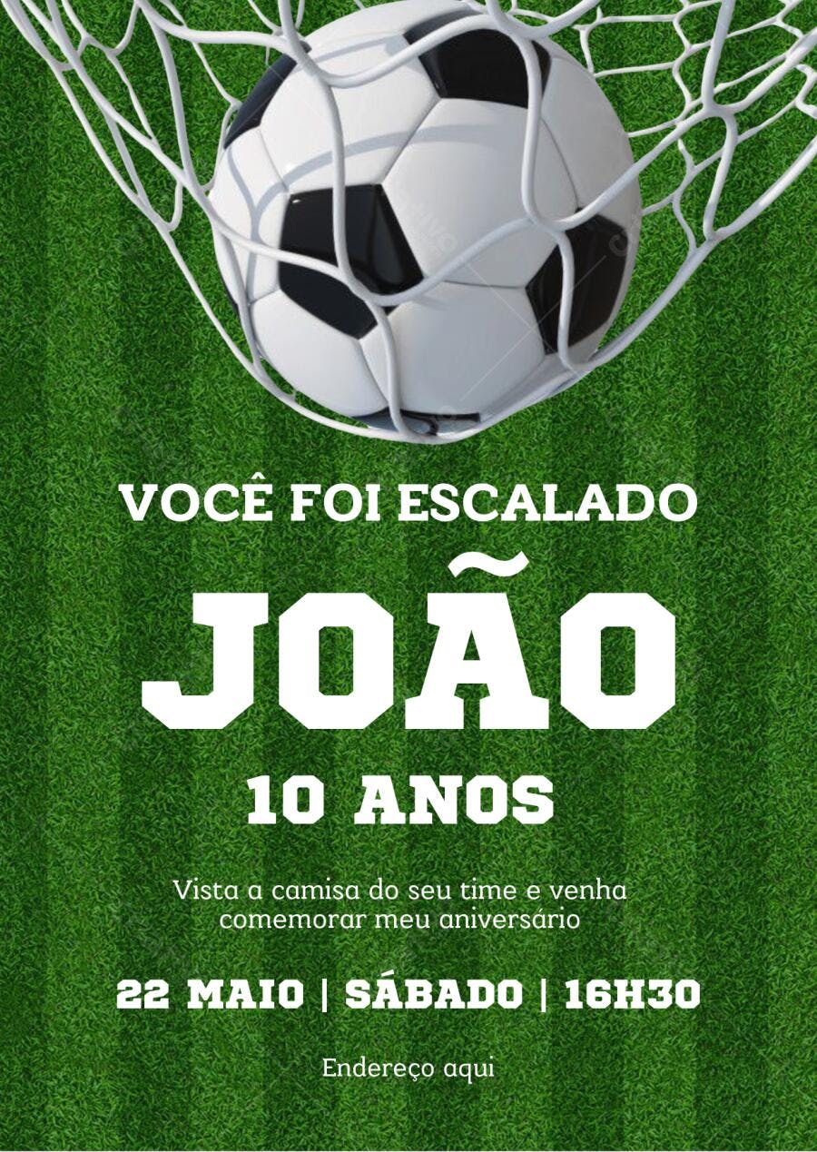 Convite de aniversário infantil futebol bola no gol campo verde gramado Editável no Canva