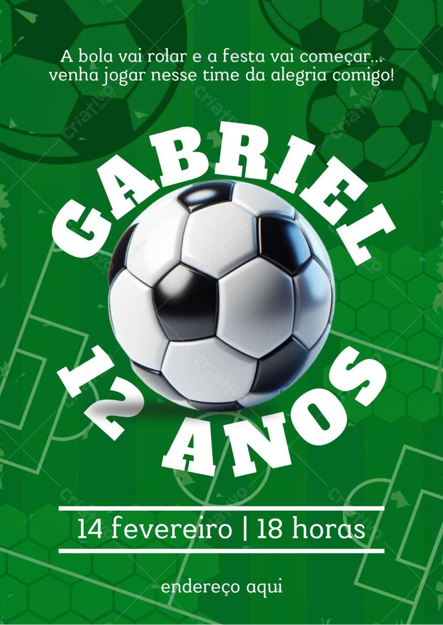 Convite de aniversário infantil tema futebol campo verde e bola preta e branca Editável no Canva