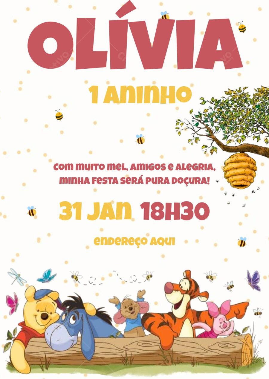 Convite de aniversário infantil 1 aninho Ursinho Pooh e amigos tema mel e abelhas Editável no Canva