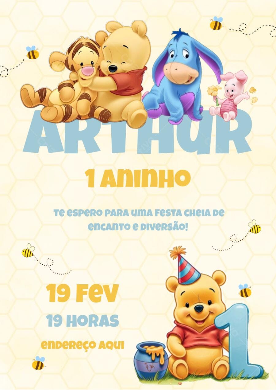 Convite de aniversário 1 aninho Ursinho Pooh e sua turma fundo colmeia Editável no Canva