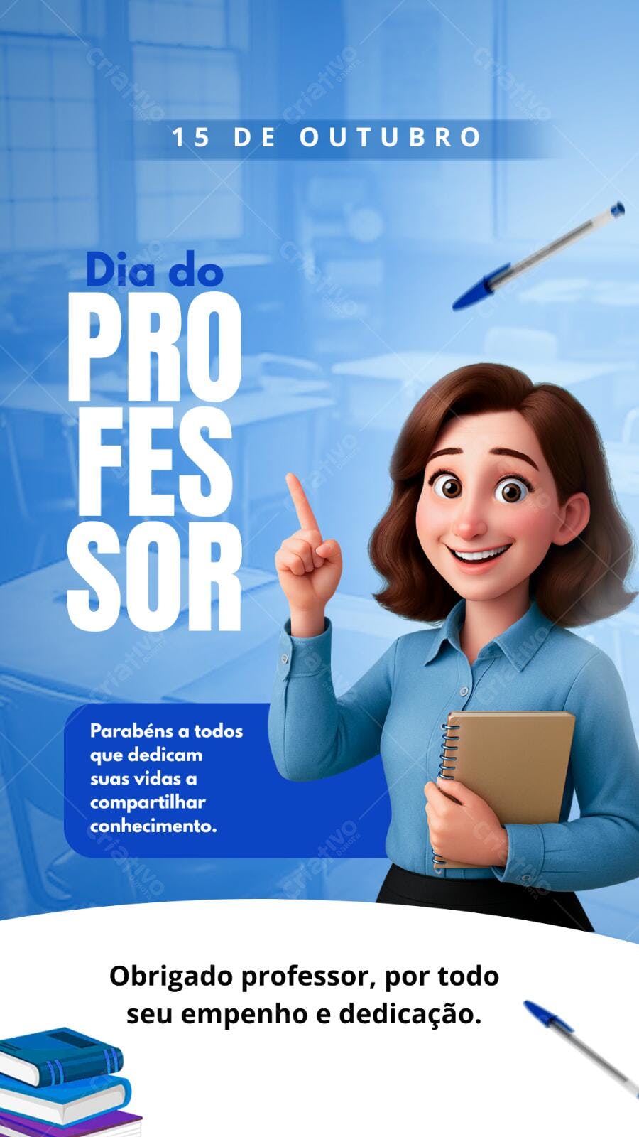 Post Instagram Dia do Professor Mulher Professora Cartoon Azul Editável no Canva