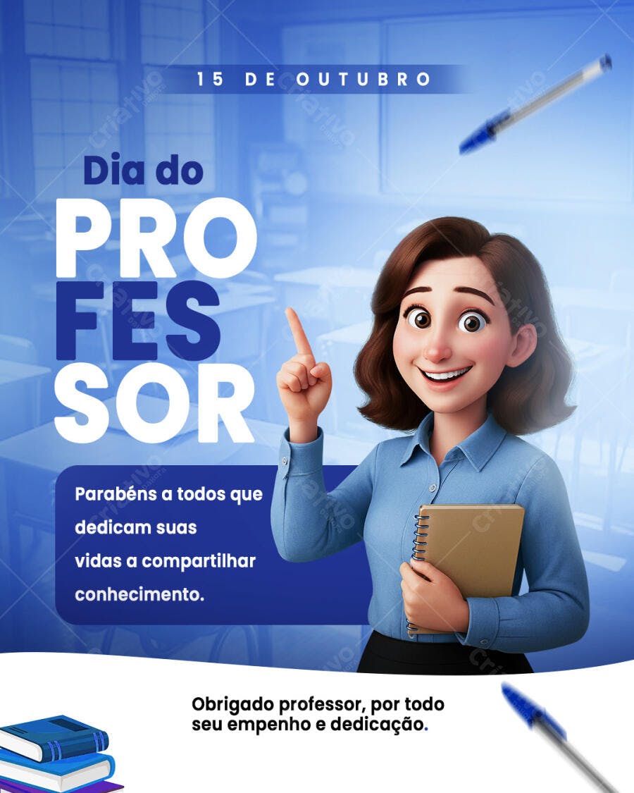 Post Redes Sociais Dia do Professor 15 de Outubro com Professora Cartoon PSD Editável