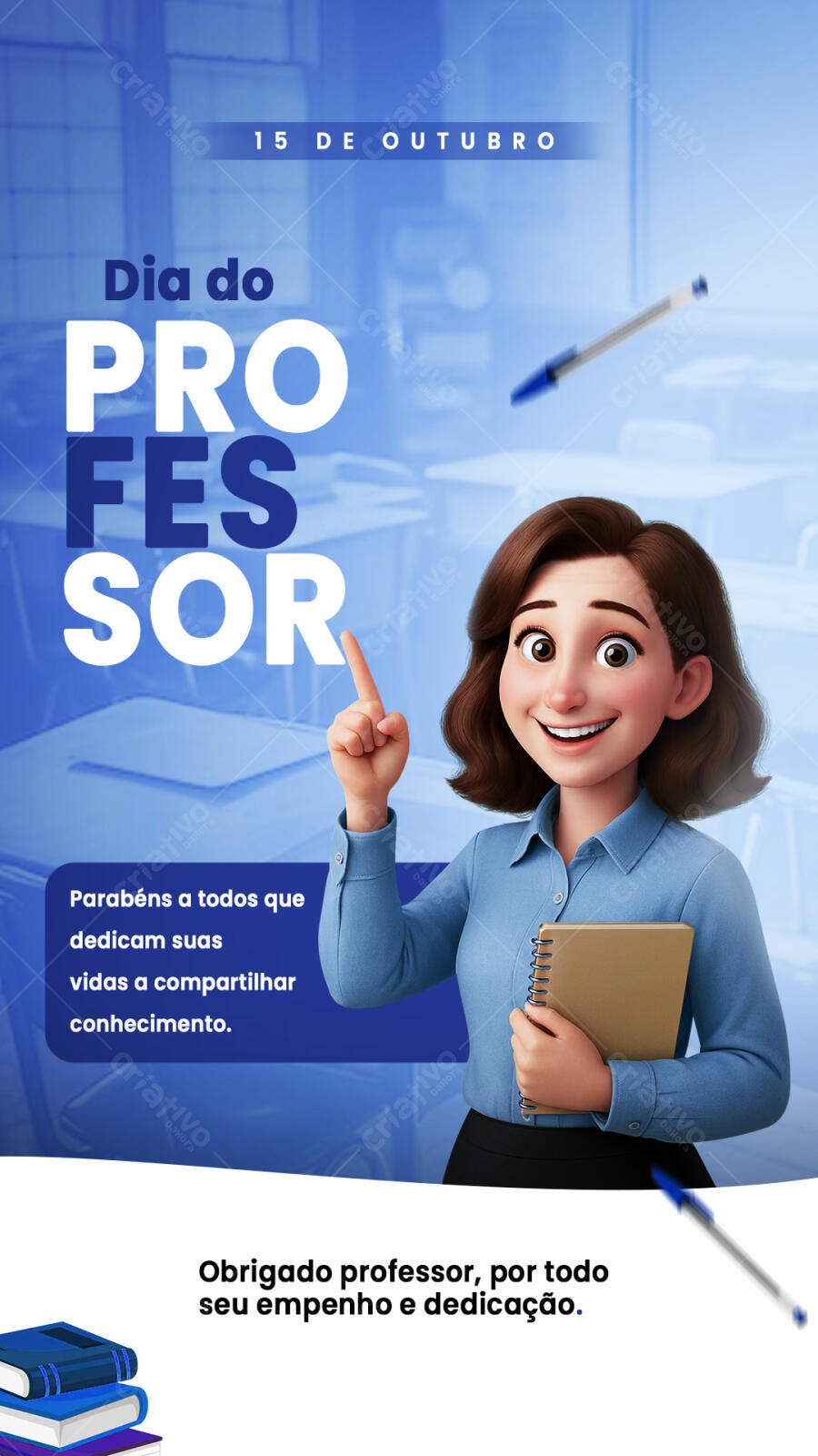 Flyer Dia do Professor 15 de Outubro com Professora Cartoon PSD Editável