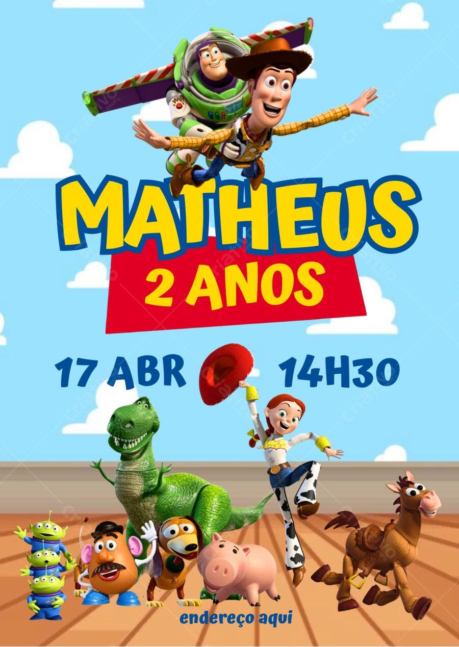 Convite de aniversário infantil Toy Story Woody Buzz e amigos Editável no Canva
