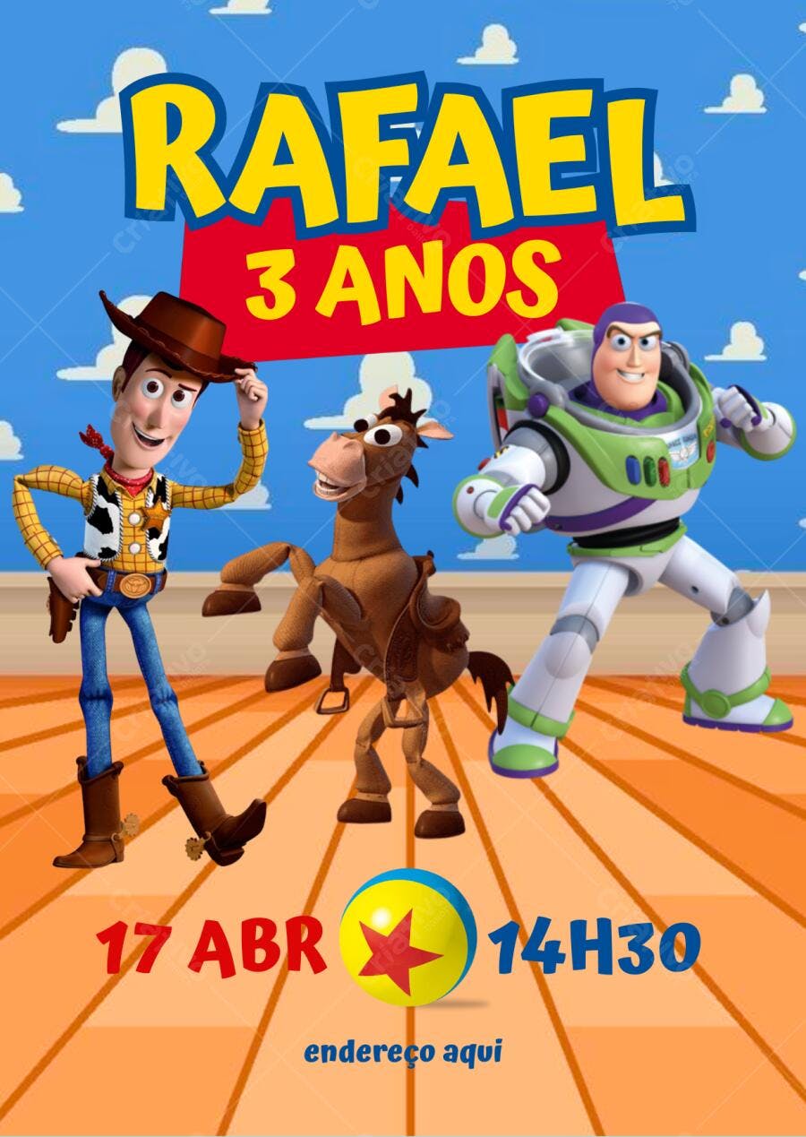 Convite de aniversário Toy Story Woody Buzz Bullseye aventura infantil Editável no Canva