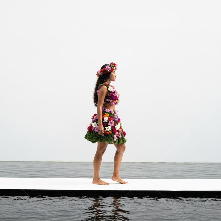 Mulher com vestido de flores coloridas e coroa floral caminhando em passarela sobre água calma
