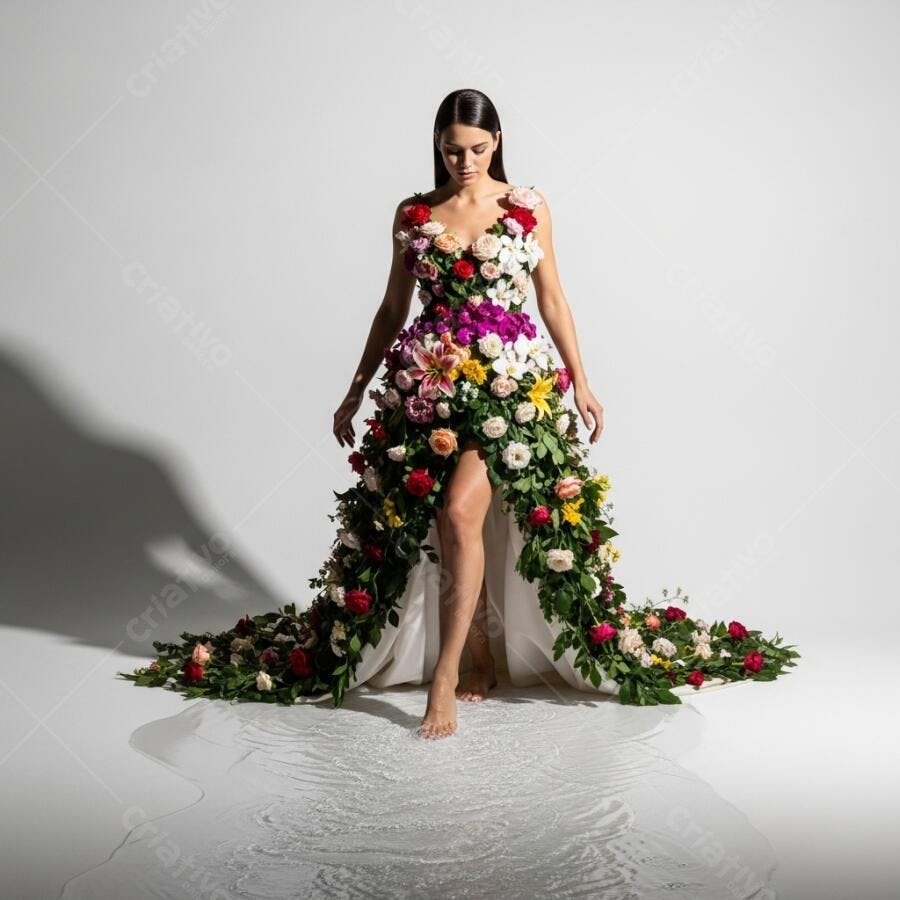 Mulher em vestido floral vibrante posando em estúdio branco com água