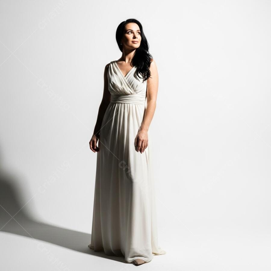 Mulher elegante em vestido branco longo com cabelo escuro em estúdio iluminado