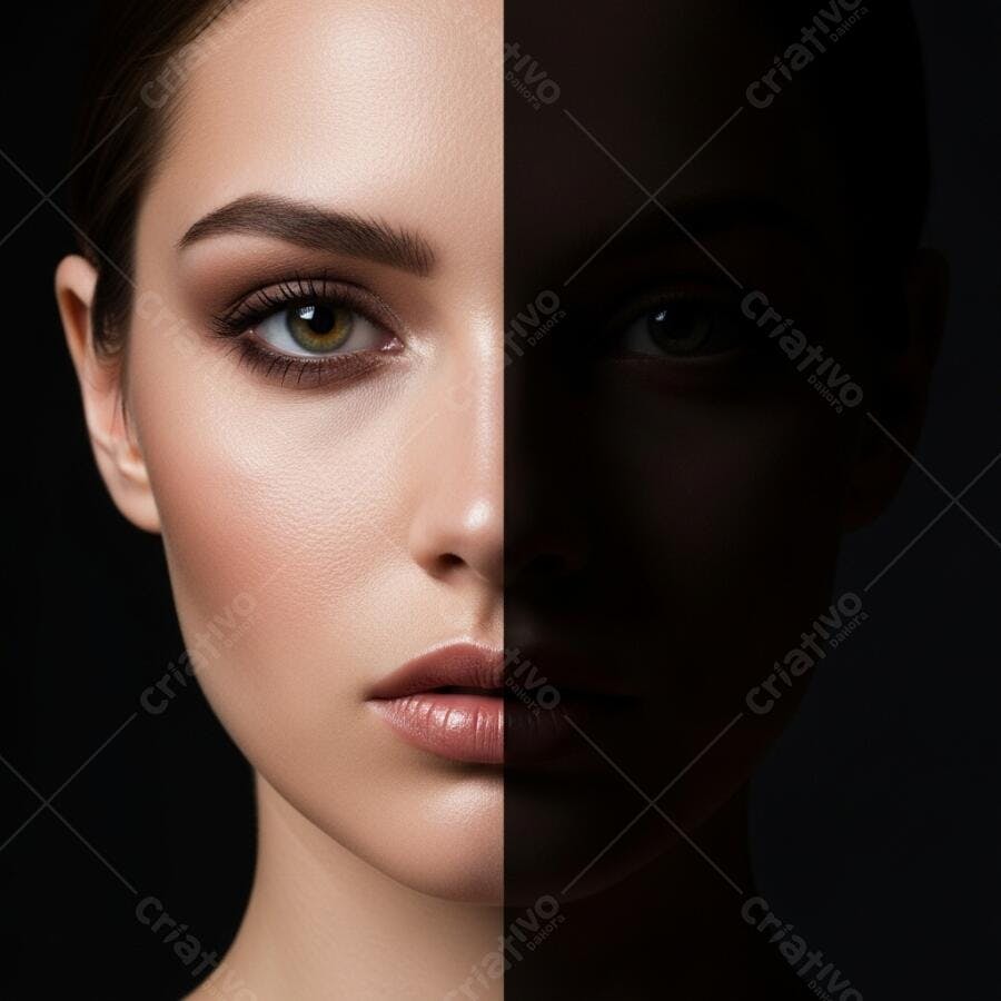 Rosto de mulher com maquiagem em contraste de luz e sombra escura