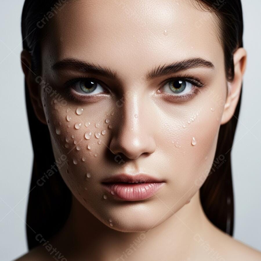 Mulher jovem com olhos verdes e gotas de água no rosto pele hidratada e fresca