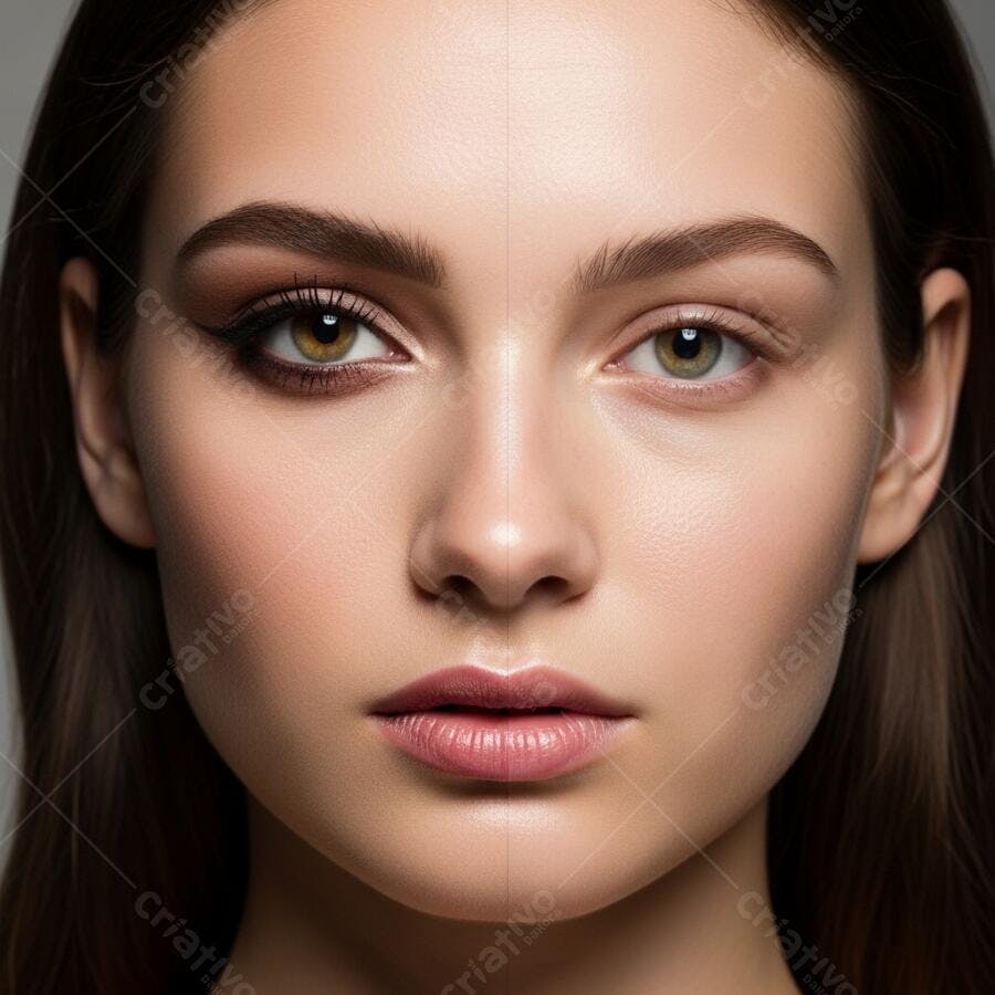 Mulher com maquiagem e sem maquiagem comparando beleza natural e realce facial