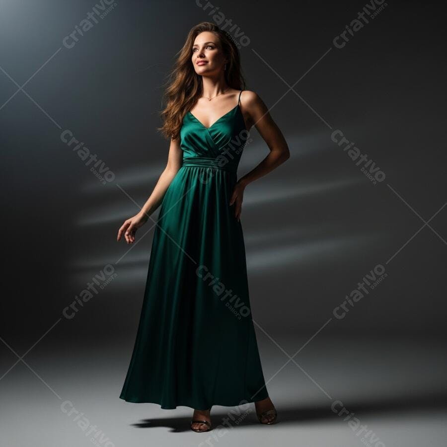 Mulher caucasiana elegante em vestido longo verde esmeralda para evento formal