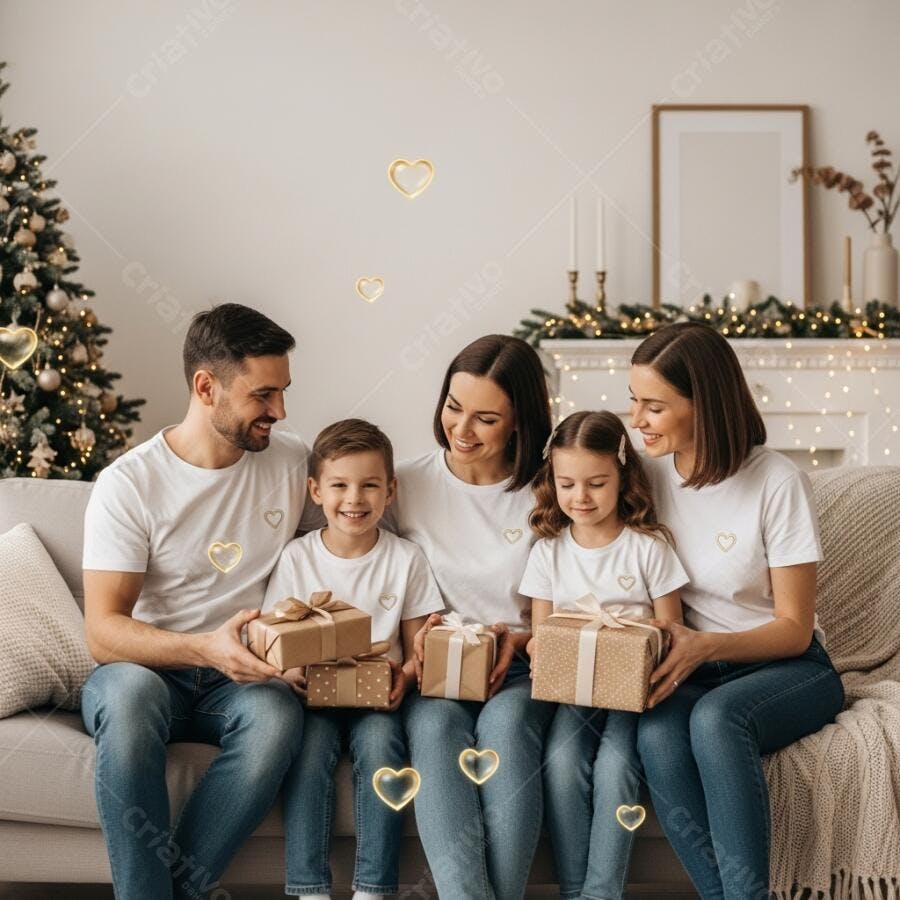 Família feliz caucasiana trocando presentes de Natal na sala decorada