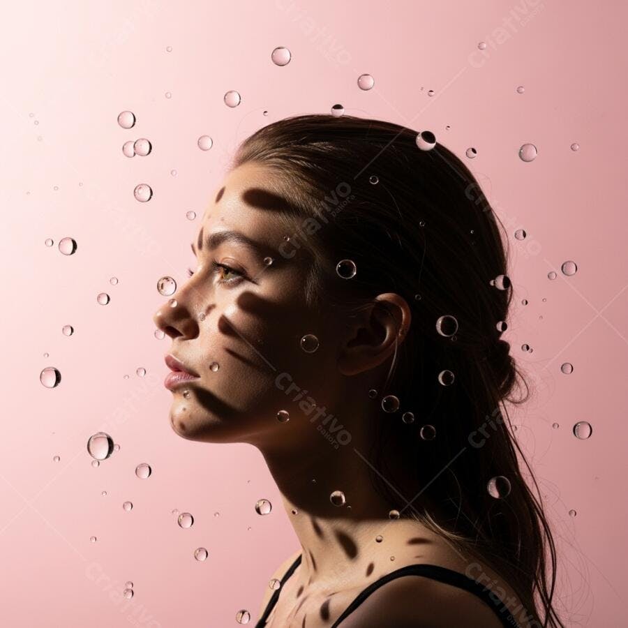 Mulher jovem de perfil com gotas de água e sombras em fundo rosa