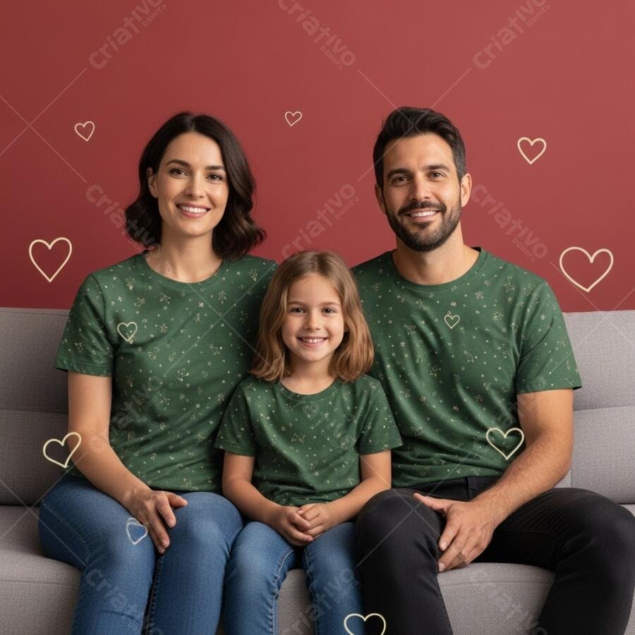 Família feliz pai mãe e filha sorrindo no sofá com camisas verdes natalinas
