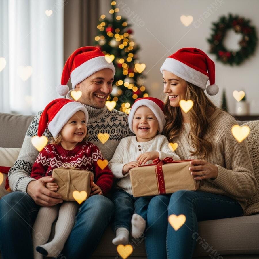 Família feliz caucasiana com chapéus de Papai Noel e presentes na véspera de Natal