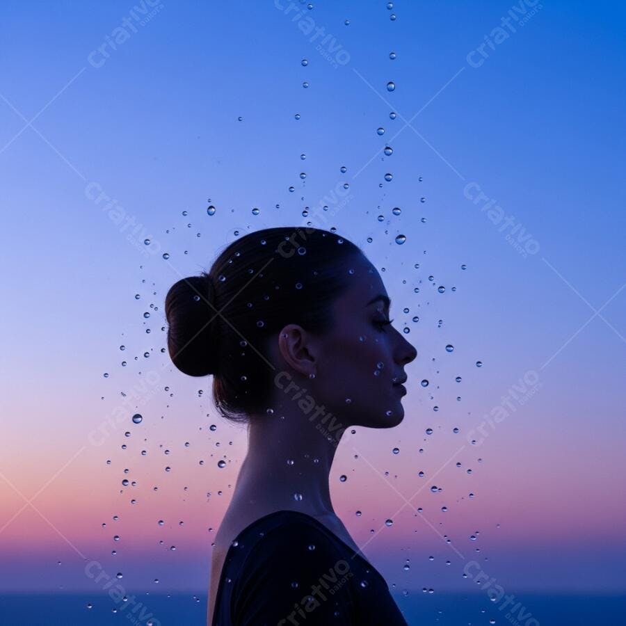 Mulher em perfil com gotas de água em céu azul roxo e rosa ao amanhecer