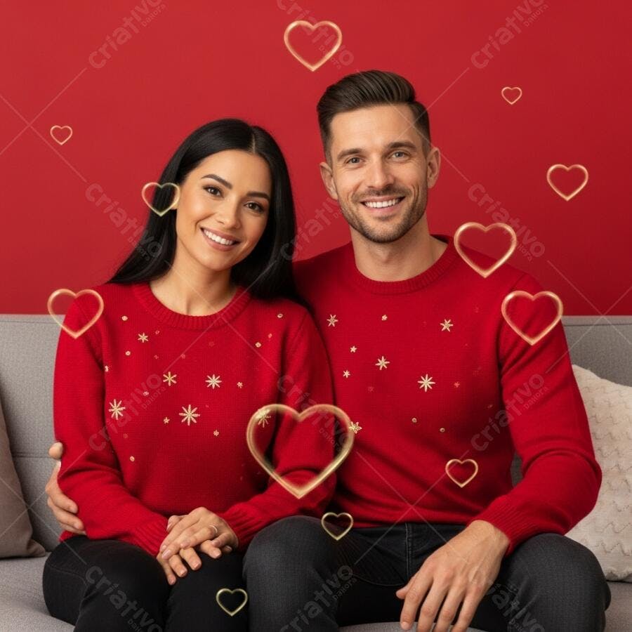 Casal jovem feliz em suéteres vermelhos decorados com corações dourados Dia dos Namorados