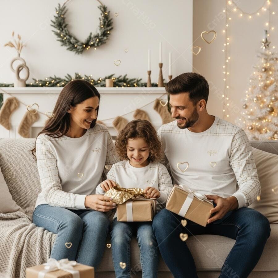Família feliz abrindo presentes de Natal na sala decorada