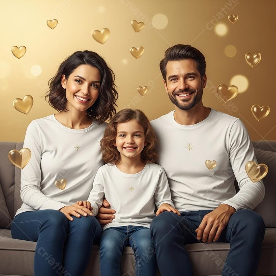 Família feliz caucasiana com filha sorrindo no sofá com corações dourados