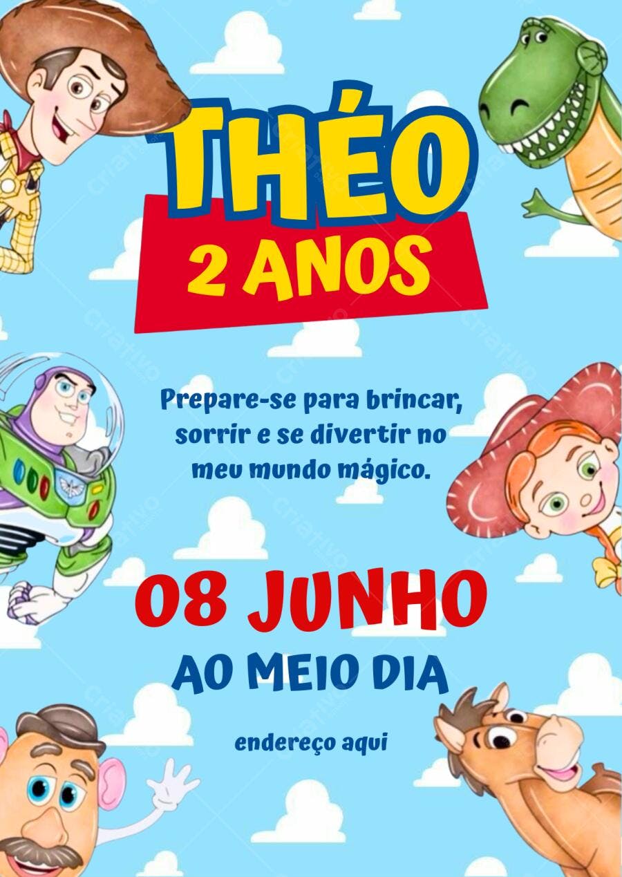 Convite aniversário infantil Toy Story Woody Buzz e amigos céu azul Editável no Canva