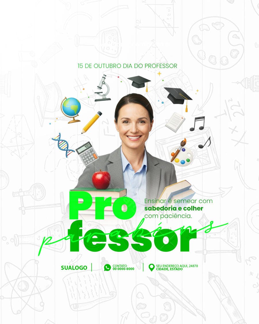 Flyer Dia do Professor com Mulher Sorrindo e Maçã PSD Editável