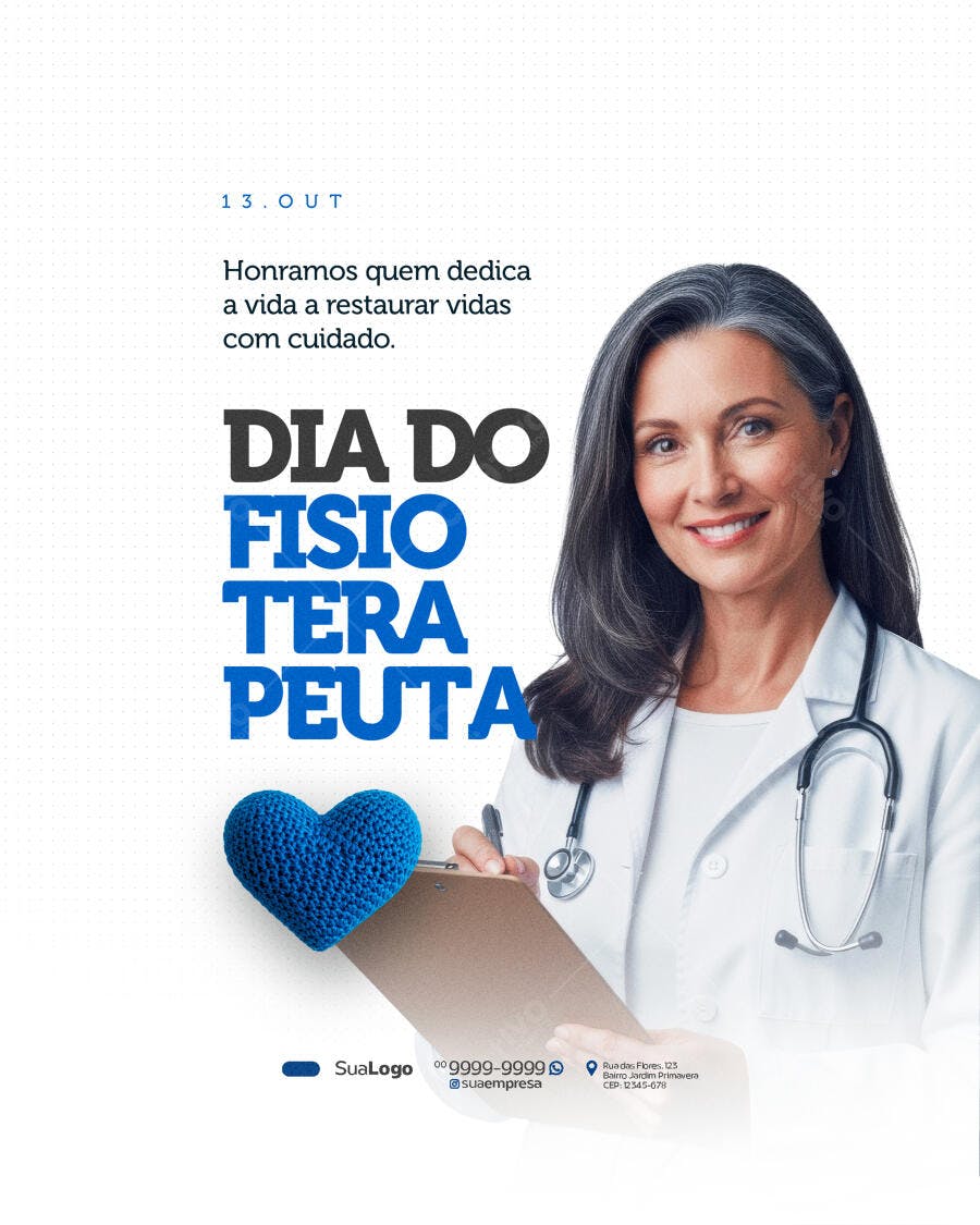 Post Dia do Fisioterapeuta Mulher Estetoscópio Coração Azul PSD Editável