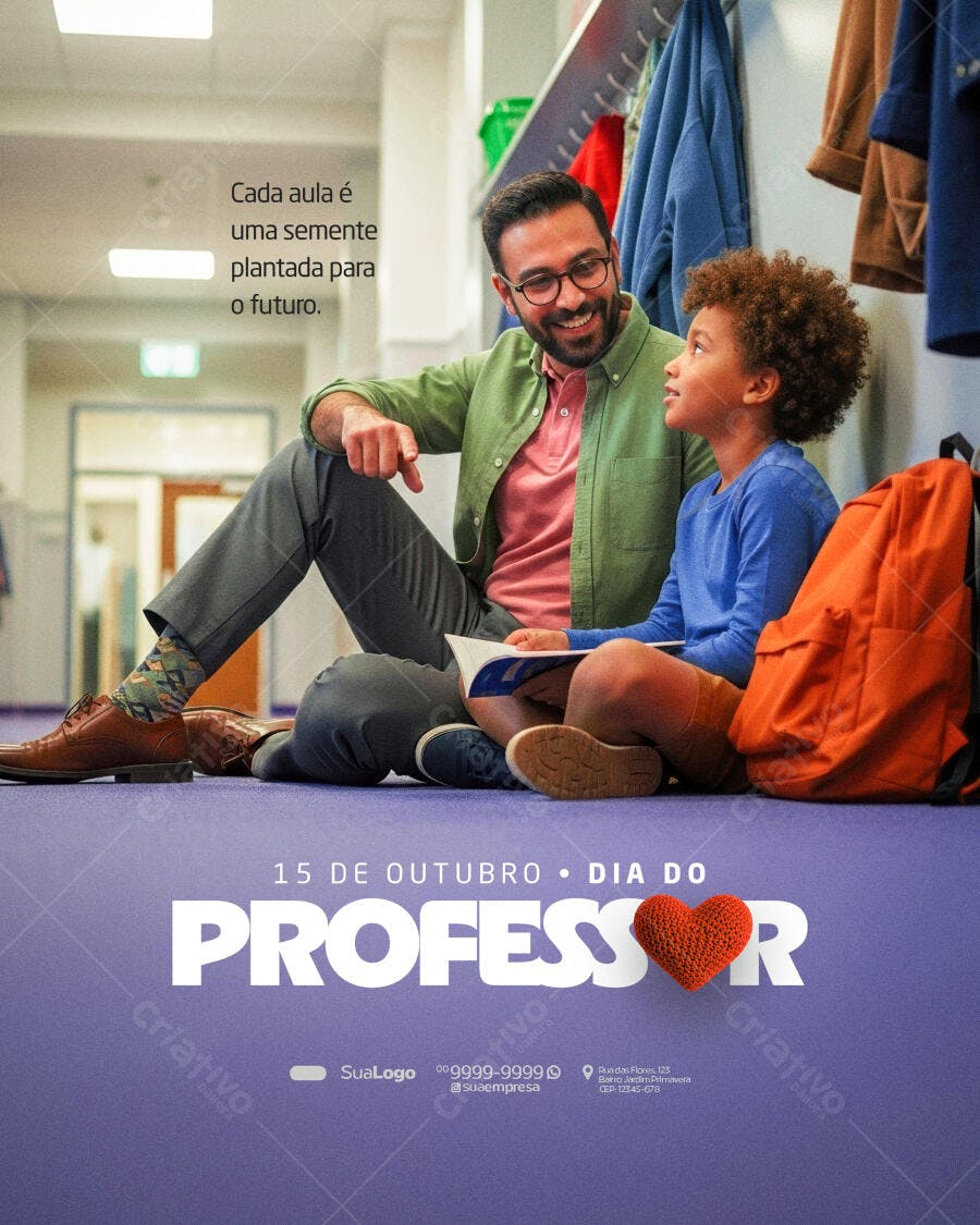 Flyer Dia do Professor com Adulto e Criança na Escola PSD Editável