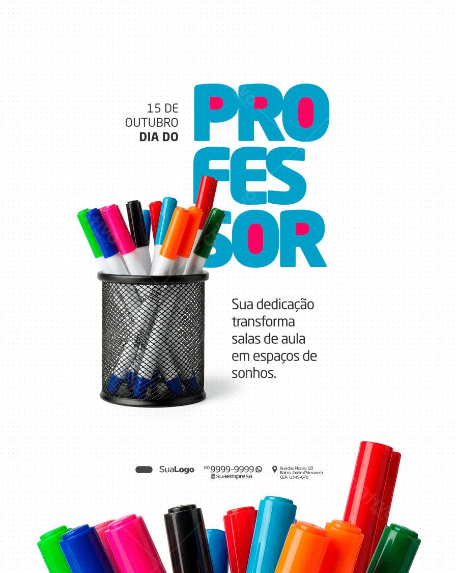 Flyer Dia do Professor 15 Outubro Canetas Coloridas PSD Editável