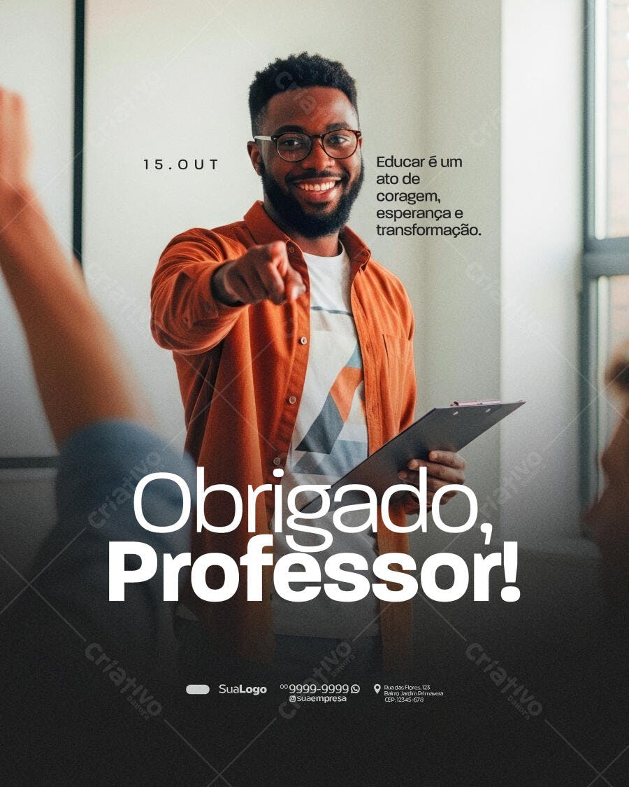 Flyer para Dia do Professor com Homem Negro Sorrindo PSD Editável