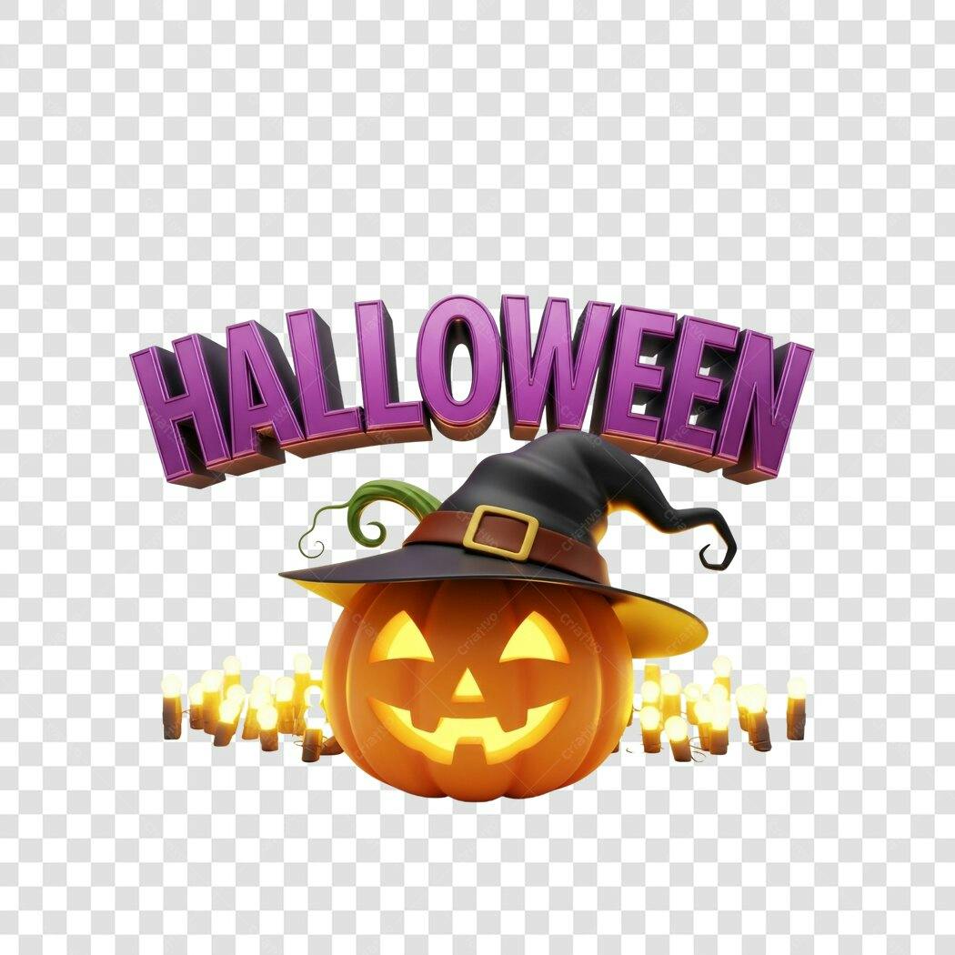 Elemento Gráfico Halloween Abóbora Bruxa Velas Roxas Laranjas PNG com fundo transparente