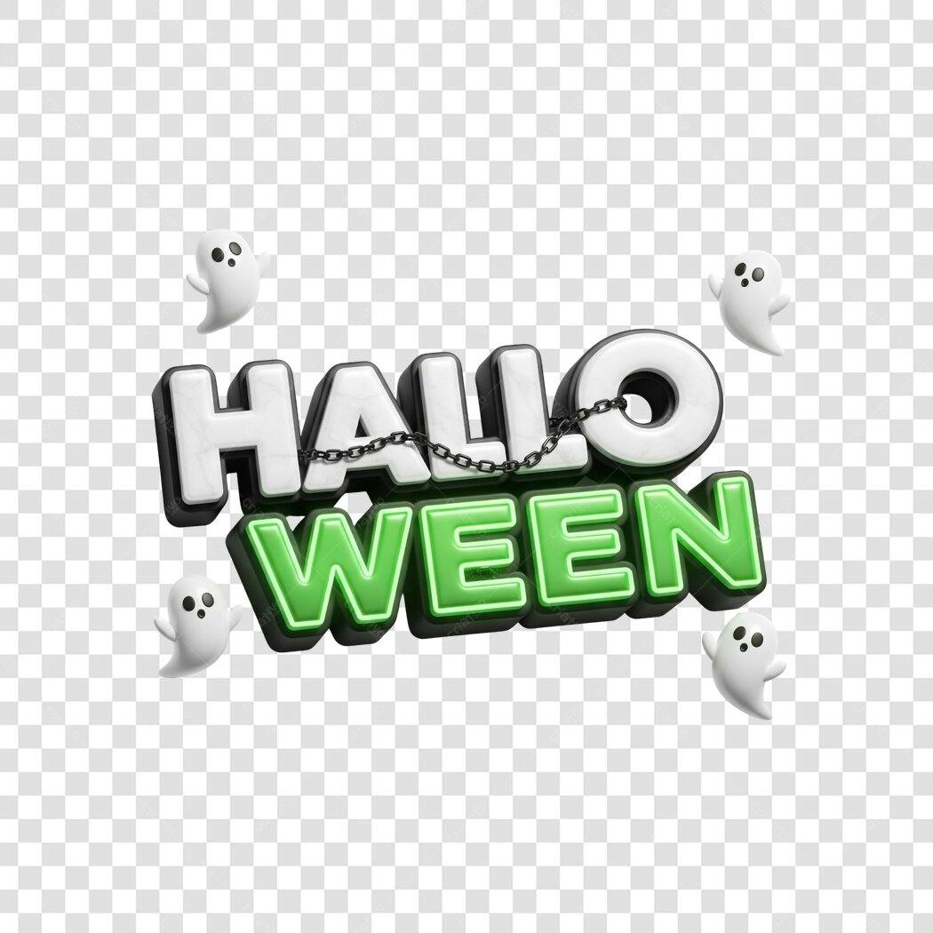 Texto 3D Halloween com Fantasmas e Corrente Branco Verde PNG com fundo transparente