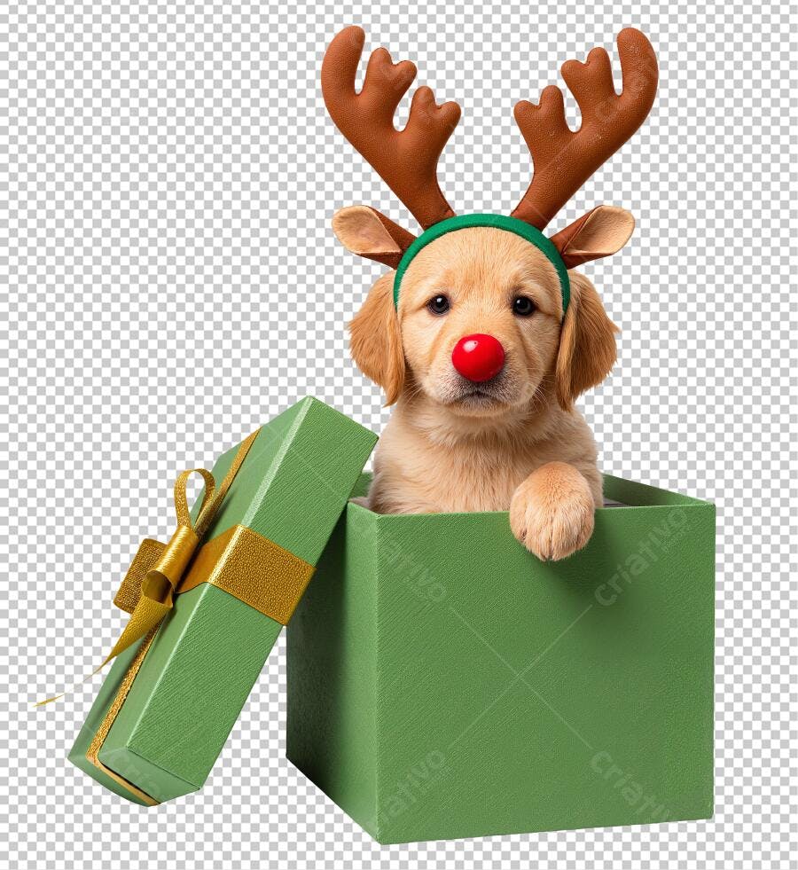 Imagem para Natal Filhote Golden Retriever Rudolph em Caixa de Presente Verde PNG com fundo transparente