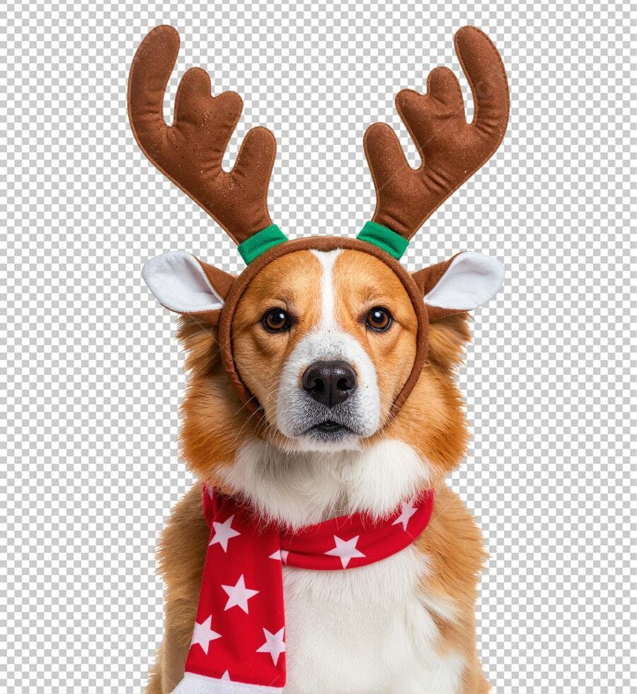 Imagem de Natal Cachorro com Fantasia de Rena e Cachecol Vermelho PNG com fundo transparente