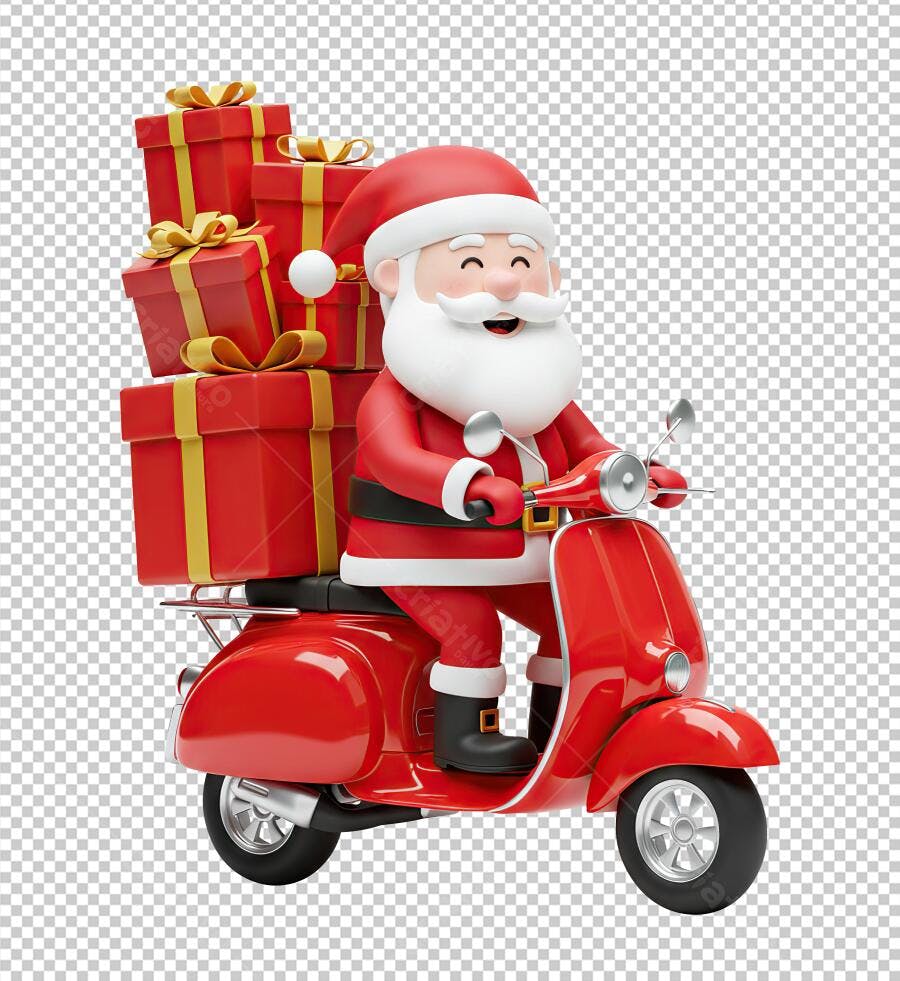Ilustração 3D Papai Noel alegre em scooter vermelha com presentes Natal PNG transparente