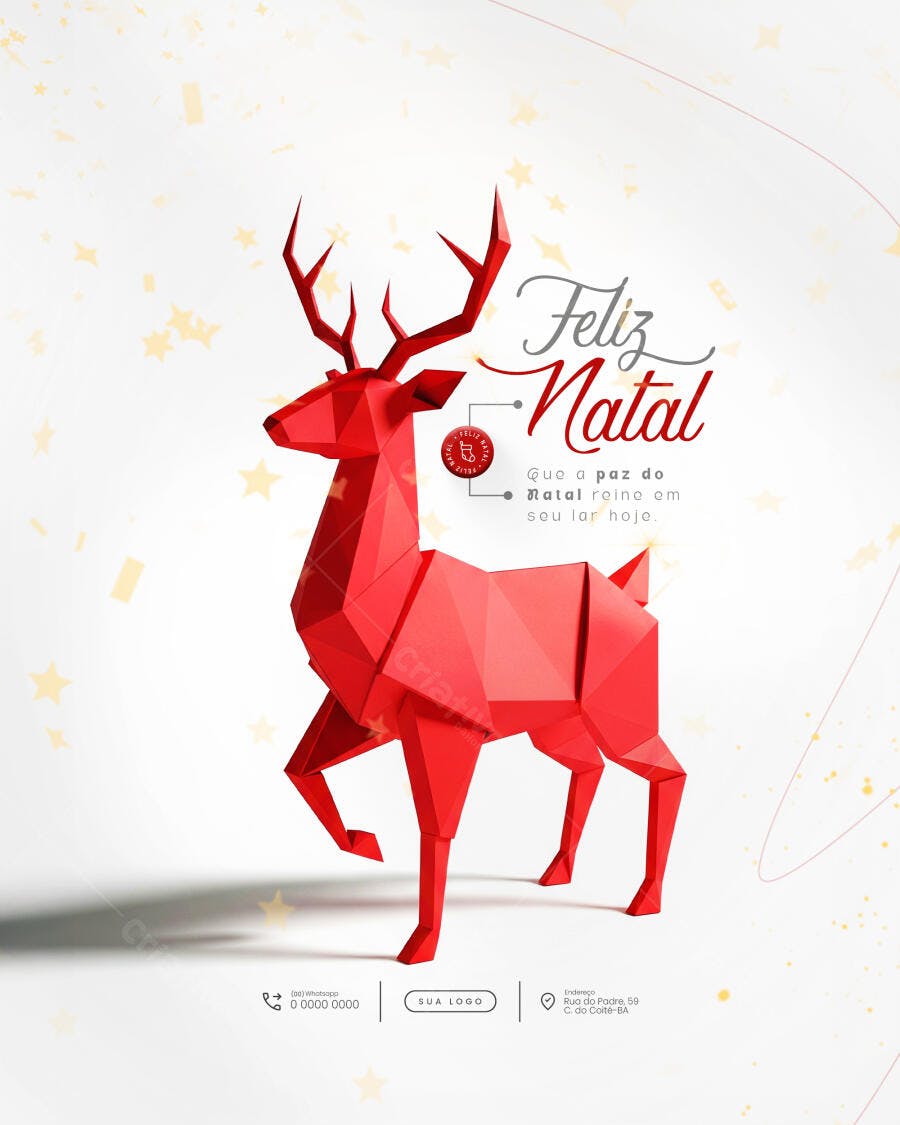 Flyer Feliz Natal Rena 3D Geométrica Vermelha PSD Editável