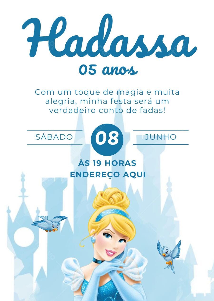 Convite de aniversário infantil Cinderela tema castelo azul e pássaros Editável no Canva