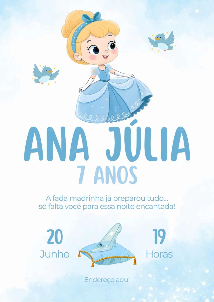 Convite de aniversário infantil Princesa Cinderela sapatinho de cristal azul Editável no Canva