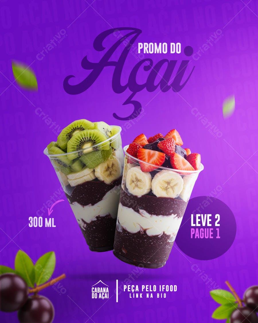 Flyer Promoção Açaí Leve 2 Pague 1 Frutas PSD Editável
